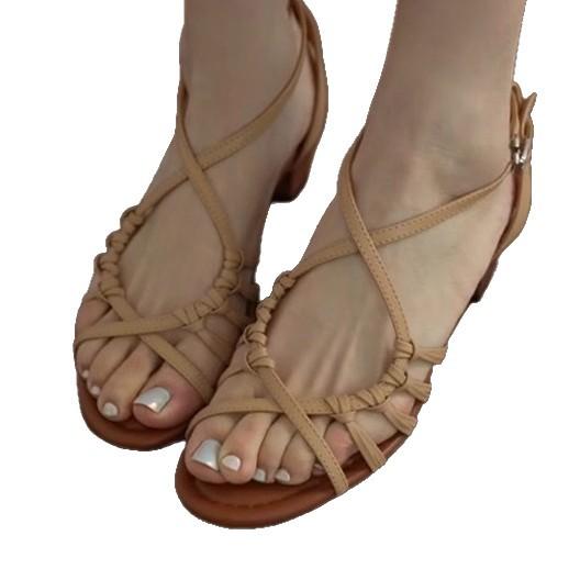 Super Soft Leather~ Hand-woven Hollowed-out Vacation Style High-heeled Roman Shoes for Women's Summer Open-toed Temperament with Skirt Sandals