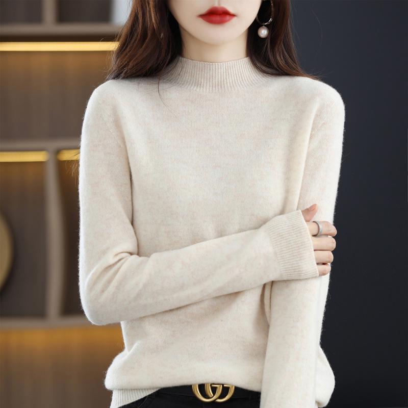 Women's Cashmere Knit Sweater - 2023 Autumn/Winter, Half-High Neck, Slimming Fit, Solid Color Pullover