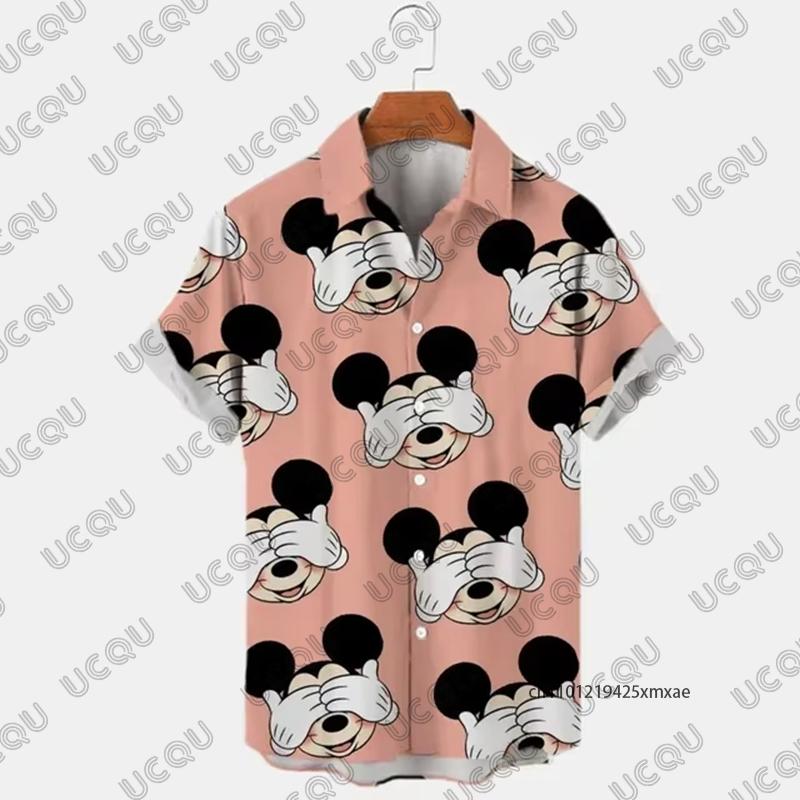 

2026 Disney Mickey Mouse Cartoon Print Summer Hawaii Men s Lapel Short Sleeve Shirt Casual Beach Vacation Oversize Adult Top M