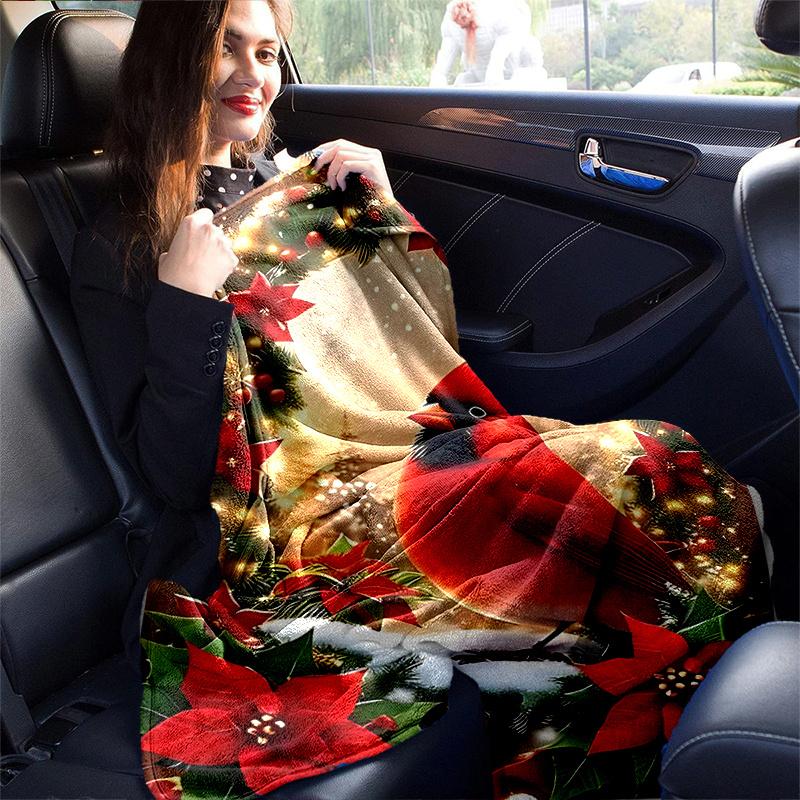 1pc Christmas Cardinal Holiday Wreath Home Decorative Throw Blanket Festive Poinsettia Floral Design for Couch, Bed, Car .W054