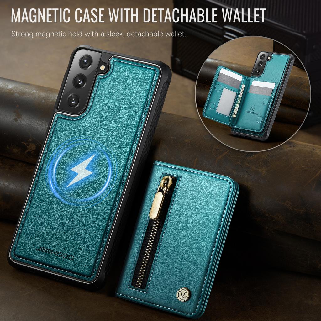 For Samsung Galaxy S21 5G Case JEEHOOD J12 Magnetic Detachable Zipper Wallet Kickstand Leather Back Cover Magnetic Case
