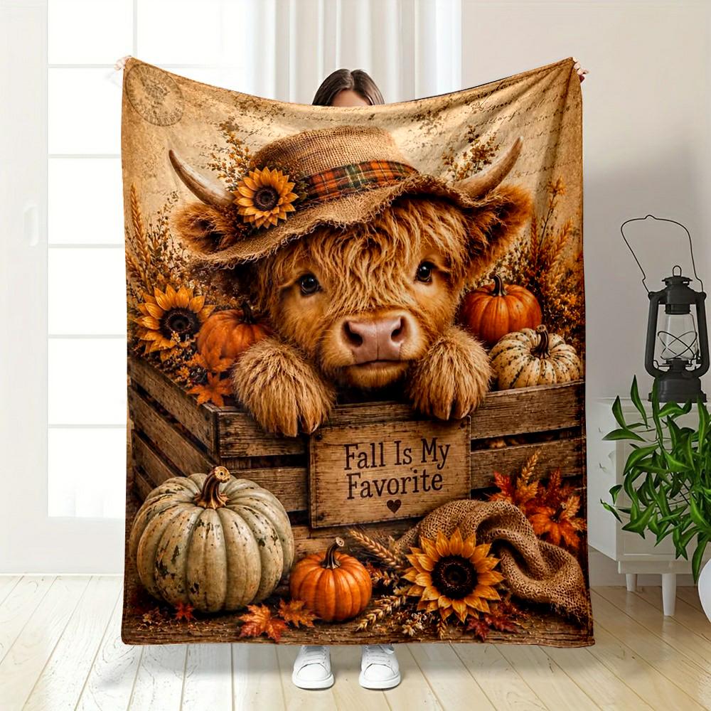 "Highland Cow and Pumpkin Fall warm quilt- Flannel blanket for bedroom, living room, sofa, and nap