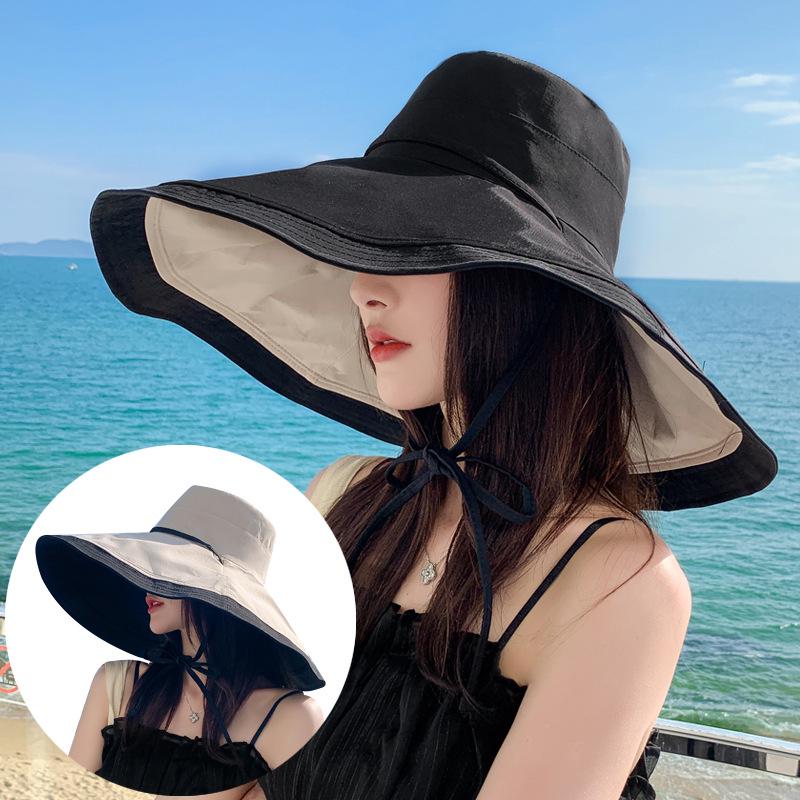 Women's Double-Sided Windproof Seaside Sun Hat with Large Brim for Summer