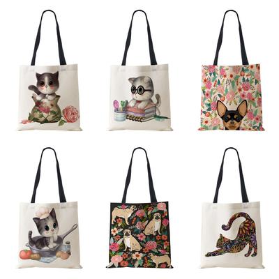 Hund Katze Frauen Schultertasche Shopper Reise Leinwand lässige Handtasche 2022 Eco wiederverwendet Druck Vintage große Kapazität Tote Bücher Tasche