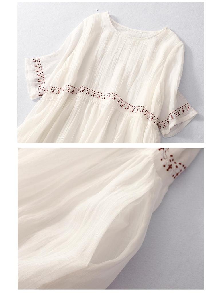 2025 Summer Women's Plus Size Ramie Embroidered Loose Retro Dress (Unlined)