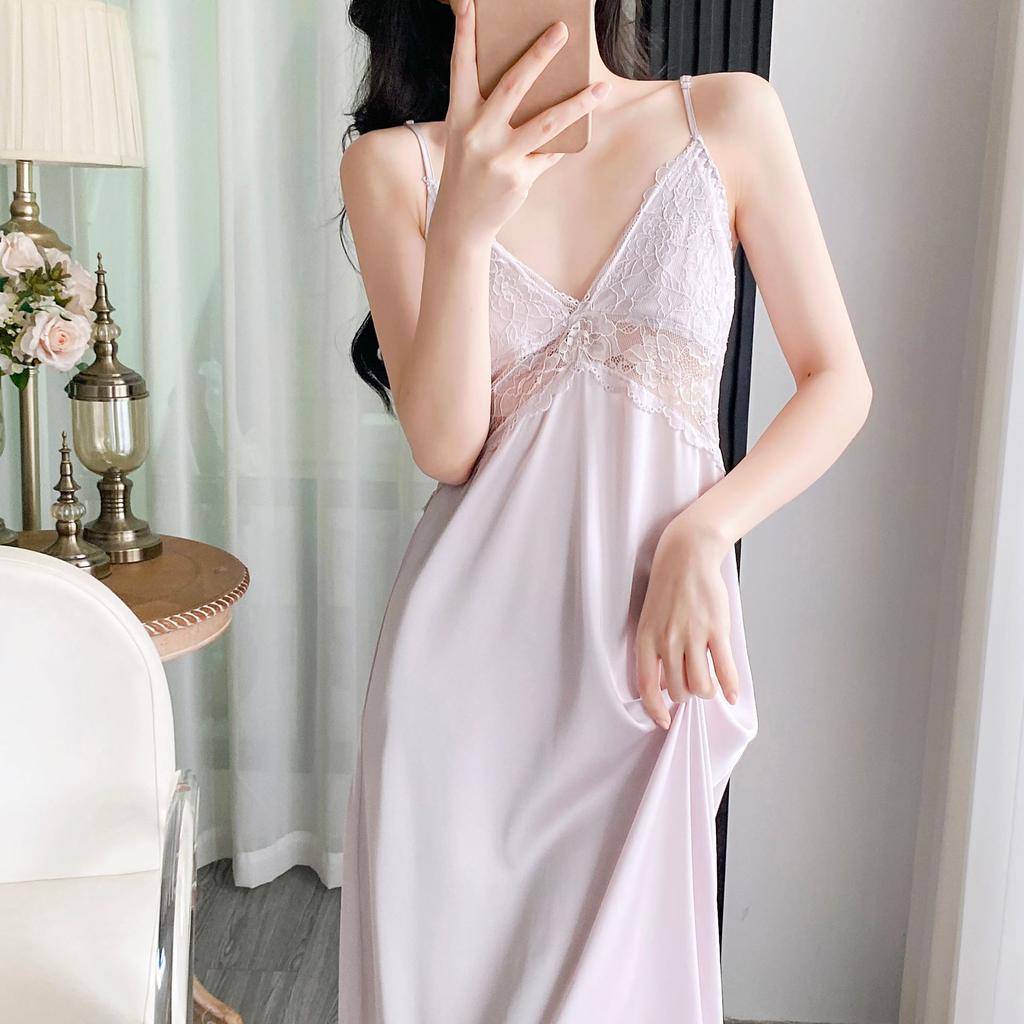 1011 New Ice Silk Suspender Nightdress Women's Spring and Autumn Dress Robe Two-piece Set Pure Desire Wind Sexy with Chest Pad Long