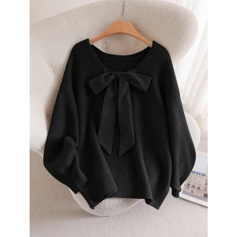 Women Loose V Neck Bow Thick Knitted Casual Sweater Outerwear