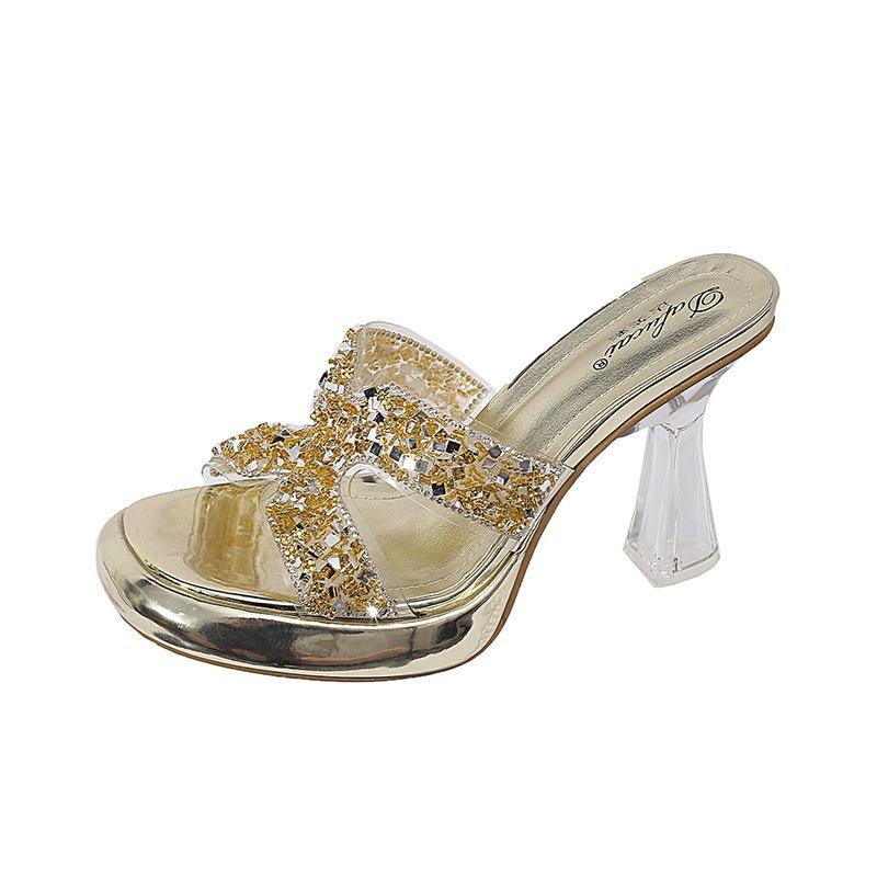 Sexy Waterproof Desk High-heeled Cool Slippers Women's Spring Summer Rhinestone Outer Wear Banquet Thick-heeled One-word Slippers
