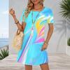 Women Plus Size Round Neck Short Sleeve A Line Bright Blue Swirl Printed Midi Dress