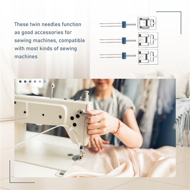 Feb.3 Pcs Double Twin Needles Pins (3 Size Mixed 2.0/90 3.0/90 4.0/90) With 3Pcs Groove Pintuck Presser Foot Sewing Machine Acce