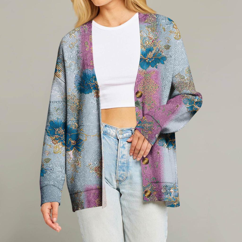 Dame Mote Langermet Juleprint V-Hals Knapper Løs Cardigan Topp