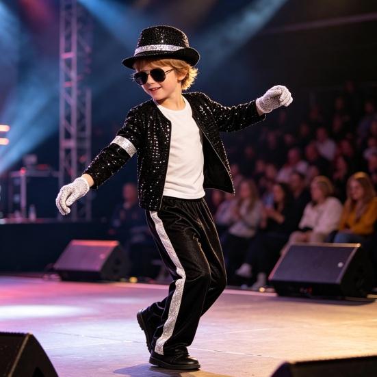 Kids 80s 90s Performance Costume, Black Sequin Jacket, Top, Trousers, Hat, Glasses, Gloves, 7 Piece Dance Party Outfits for Halloween, Stage
