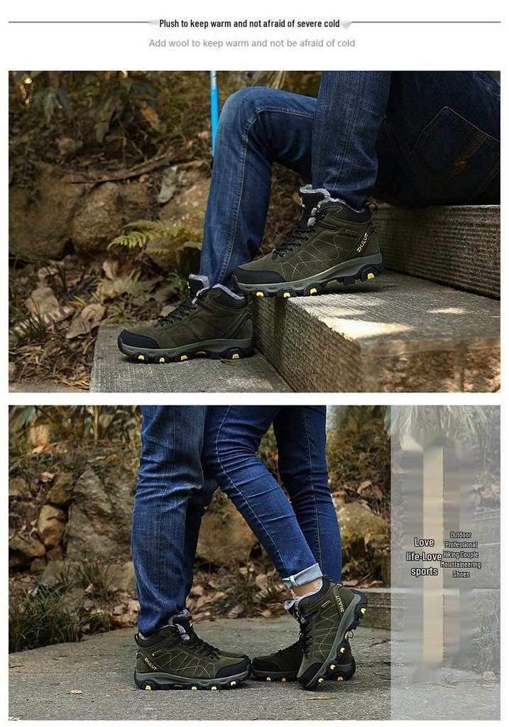Men's High-Top Leather and Fur Hiking Boots - Warm, Non-Slip, Winter-Ready