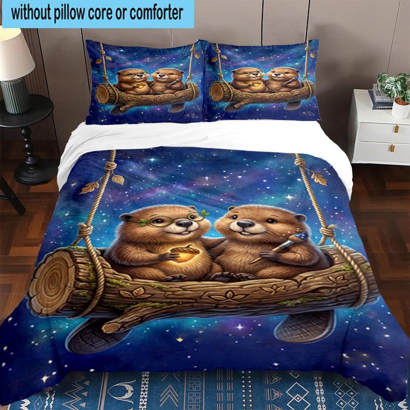 Starry Groundhog Illustration 3pcs Bedding,Including 1pc Duvet Cover And 2pcs Pillowcases Perfect for Christmas,Ideal for Bedroom, Dormitory