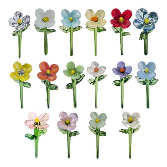 Hand Blown Mini Glass Flower Figurine Collectible Miniature Faux Crystal Flower Ornaments for Mothers Day Birthday Table Centerpiece DIY Craft