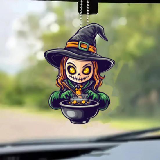 Halloween Car Rearview Mirror Charm Cartoon Bat/Cat/Ghost/Witch Acrylic Pendant 2D Flat Auto Interior Accessories for Cat Backpack Phone
