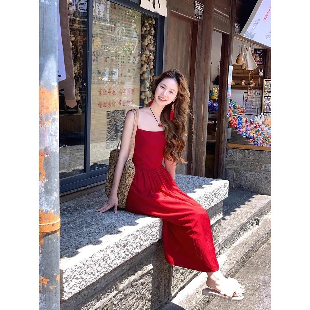 Temperament Fashionable Wear French Red Suspender Dress Female Sexy Backless Suitable for Seaside Vacation Photo Skirt