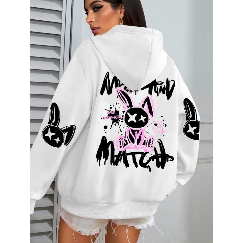 Mix And Match Cartoon Rabbit Prints Women Hoodie Pocket Streetwear Loose Hoody All-Match Fleece Female Clothing