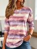 Women's Long Sleeve Crew Neck Watercolor Stripe Print Casual T-Shirt, Regular Tops for Spring Summer Daily Weekend Wear