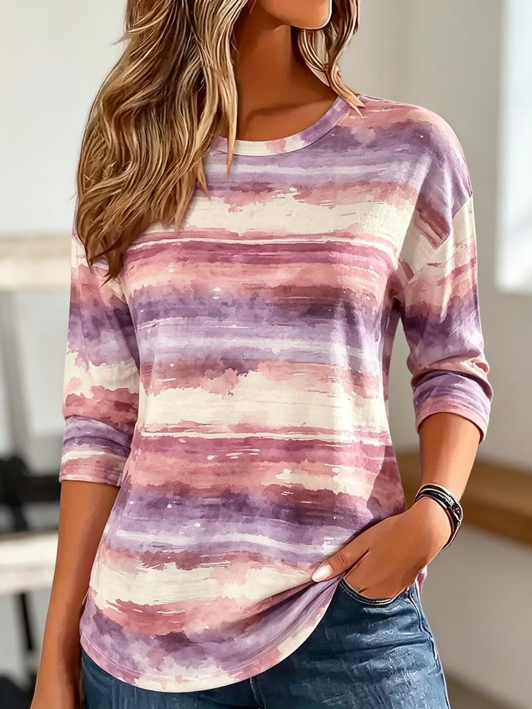 Women's Long Sleeve Crew Neck Watercolor Stripe Print Casual T-Shirt, Regular Tops for Spring Summer Daily Weekend Wear