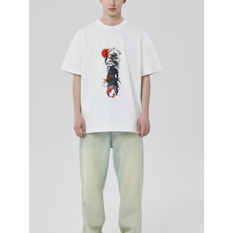 Crewneck T Shirt White Japanese Pagoda Koi Fish Red Moon Art Print Casual Streetwear Unisex Top for Daily Wear and Outings
