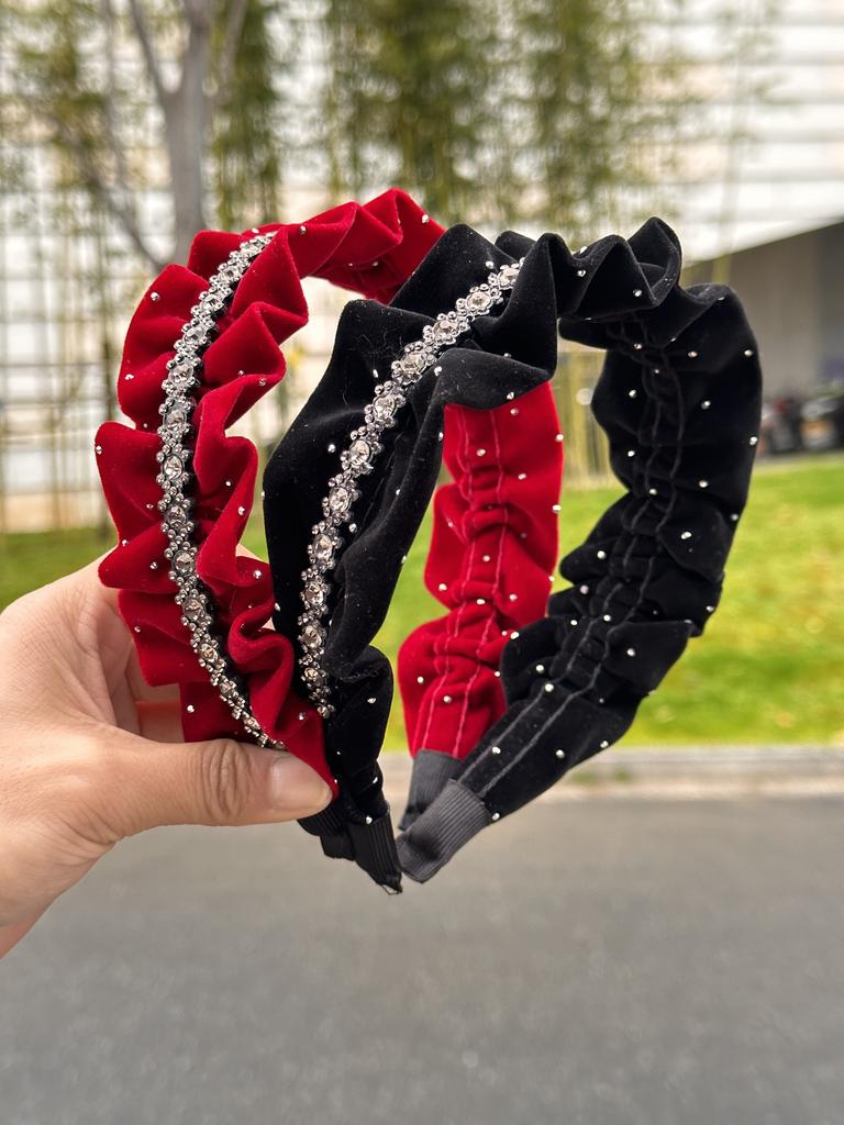 Black Diamond Pleated Gold Velvet Headband, High-End Aristocratic Elegant Rhinestone Headband, Popular Hair Accessories for Women