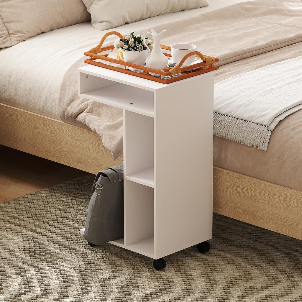Tavolino, Carrellino da portata a forma di C, 4 Ruote, 3 Scomparti, 40 x 30 x 69 cm, Bianco