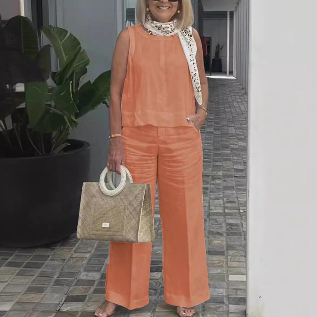 Women's Summer Casual Sleeveless Round Neck Top and Wide Leg Pants Set In Multiple Colors