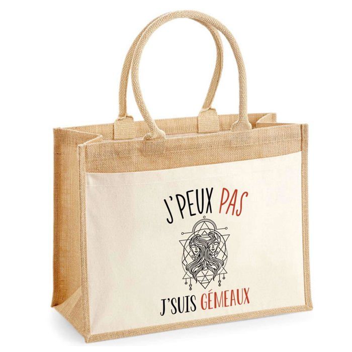 Sac de plage - PLANETEE - Jute poche Signe Gémeaux J'peux pas - Coton imprimé France - Multicolore - 43x33 cm