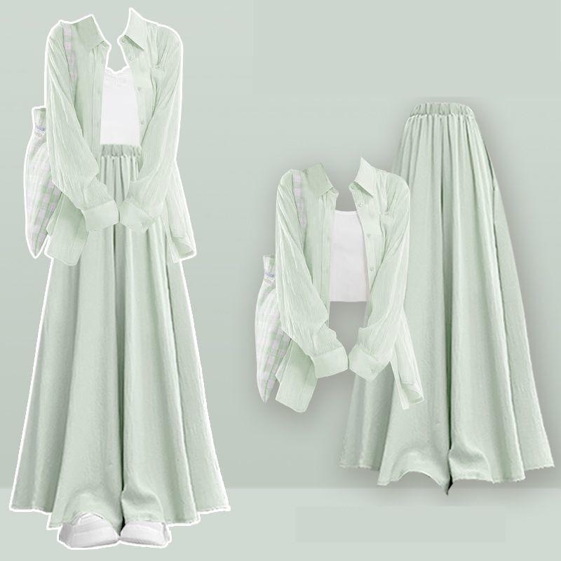 Women Spring Summer Sunscreen Shirt+Strap+Casual Skirt Pants 3-Piece Suit Elegant Loose Tracksuit Matching Set