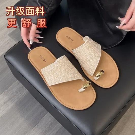 

Holiday metal temperament square head flats summer grass woven cover toe cool slippers women 40