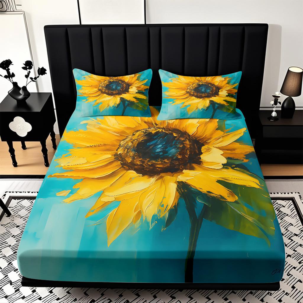 Home Textiles Sunflower Pattern 3D Digital Printing Sanded Sheet Three-Piece Set, Pattern