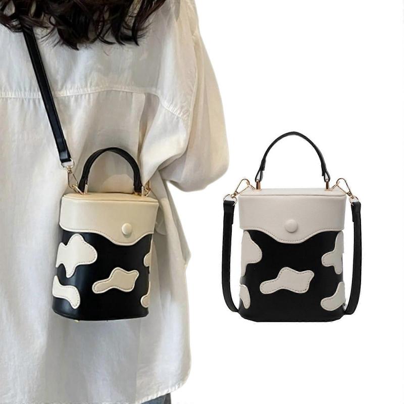 Womens Korean Style Crossbody Shoulder Handbag Fashion Contrast Color Cow PU Leather Bucket Bag for Shopping and Work  Pink