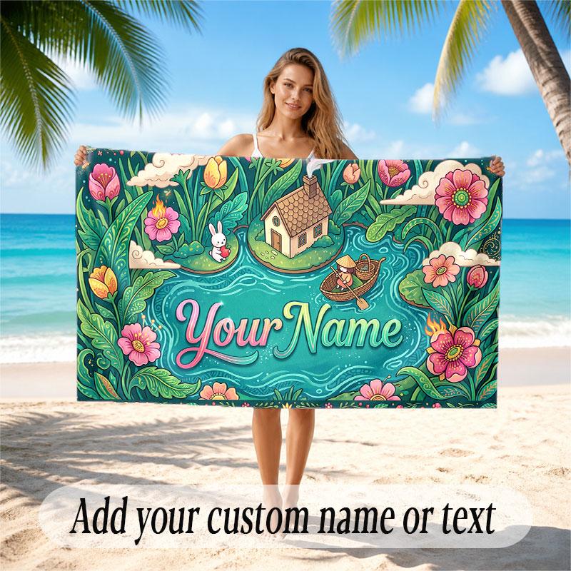 Floral Garden Theme Soft Beach Towel Personalized Custom Name Text Towel Portable for Beach Pool Travel