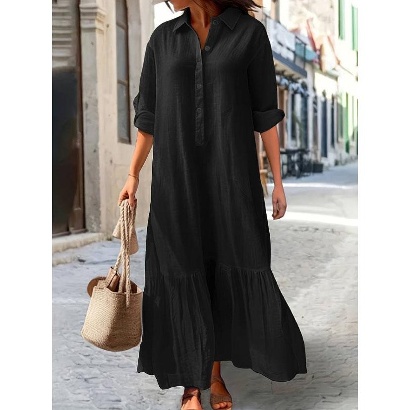 Abito Estivo in Cotone Lino da Donna Nero Ampio Maniche Lunghe Abiti Camicia Estivi Casual Oversize Eleganti Abbigliamento Signore