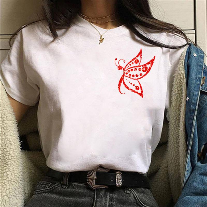 Short Sleeve Summer Fashion Women's Clothing Beautiful Watercolor Butterfly Printing White Ladies Casual Loose Personality TT-shirt