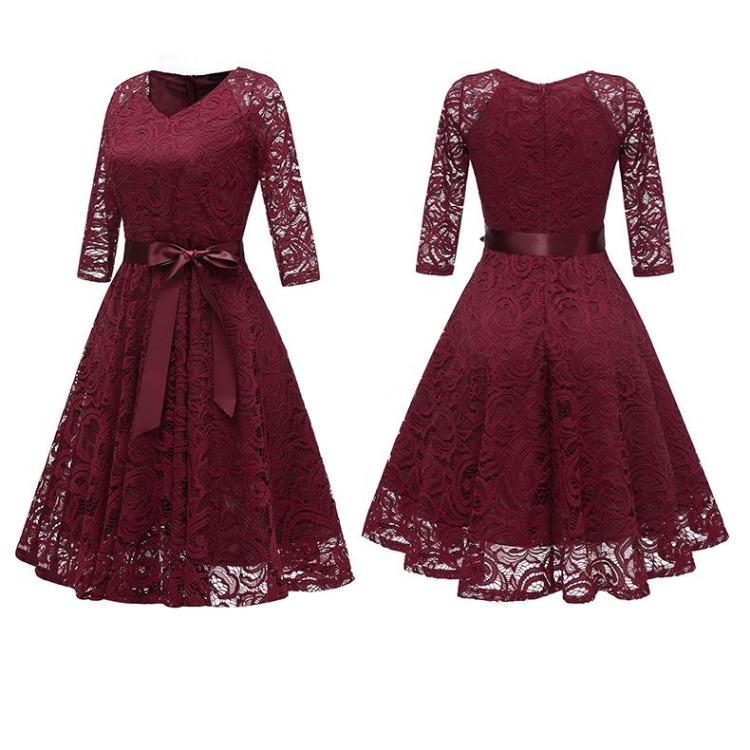 Vintage Floral Lace Bridesmaid Dress 3 4 Sleeve A Line with Ribbon Belt Tea Length Cocktail Party Evening Occasion Outfit Day Wear