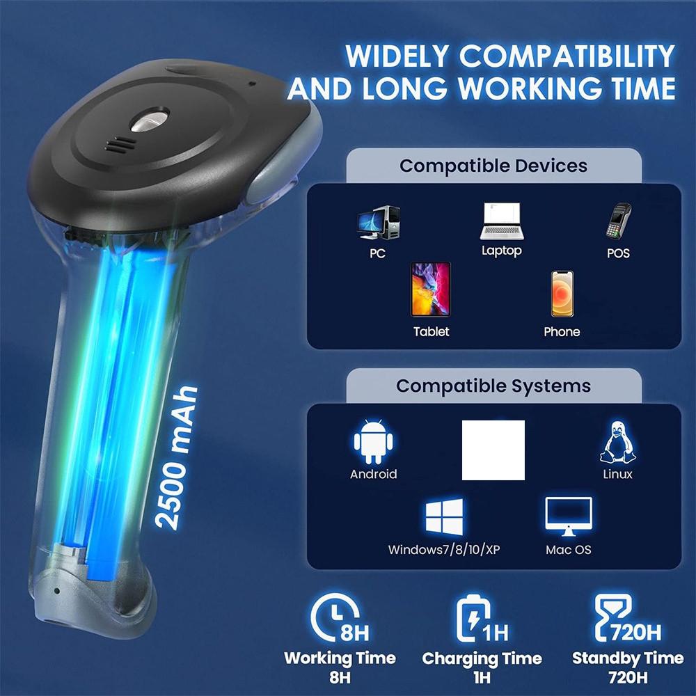 3 In 1 2.4G Bluetooth Wireless USB Wired 1D 2D QR Bar Code Reader Shockproof CCD Barcode Scanner With Stand