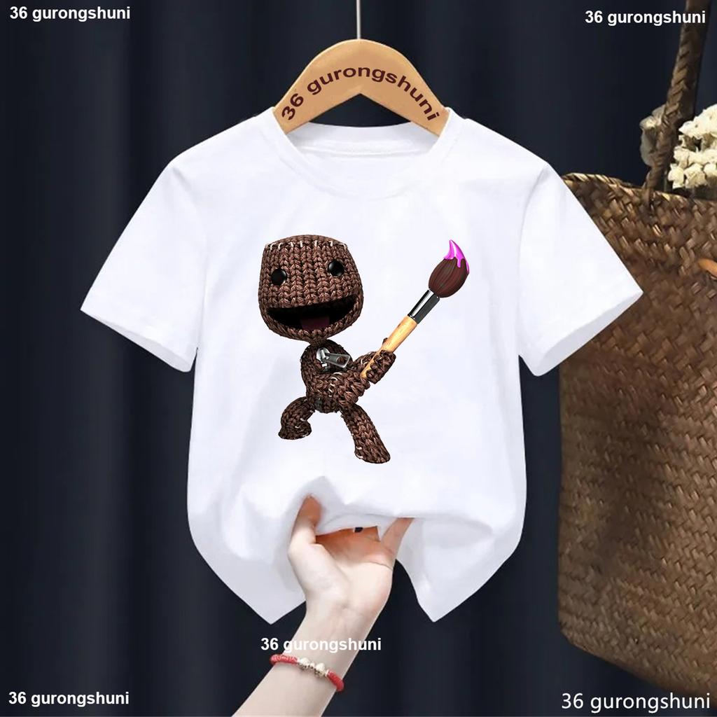 New Boys T-Shirt Funny Video Game Lbp Sackboy Cartoon Print Kid Tshirt Fashion Trendy Boys Clothes Summer O-Neck White Shirt Top