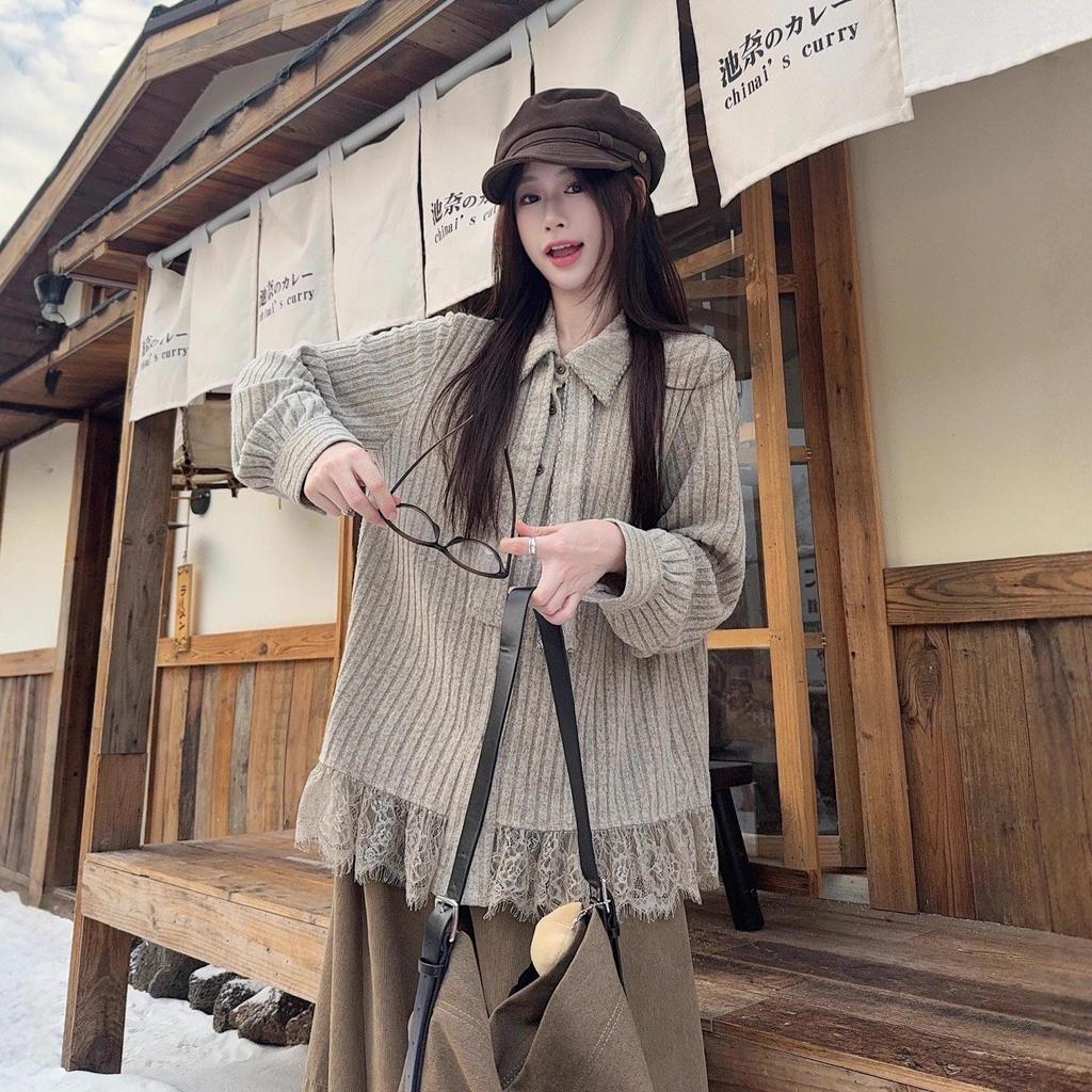 Women's Retro Lace Patchwork Knit Long Sleeve Shirt - 2026 Autumn/Winter Loose Fit
