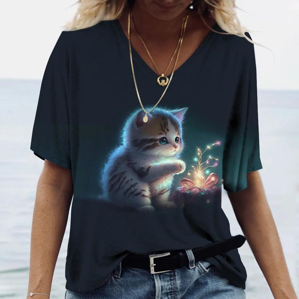 Summer Funny Cute Cat 3D Printed Women's T-Shirts Casual V-neck Short Sleeve Tops Fashion Loose Ladies Clothing SStreet Girl Tees