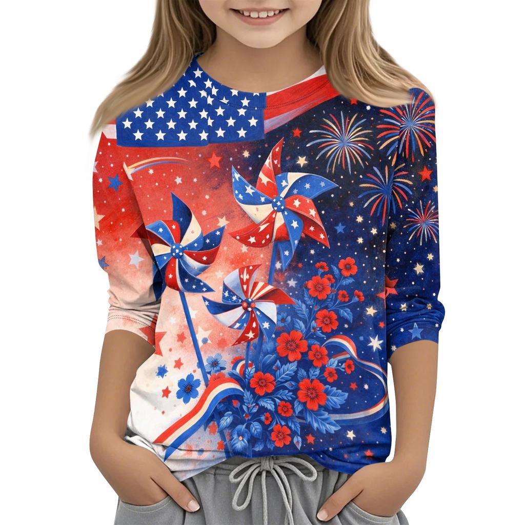 Children's Independence Day Printed Round Neck Seven Quarter Sleeve Casual T-shirt
