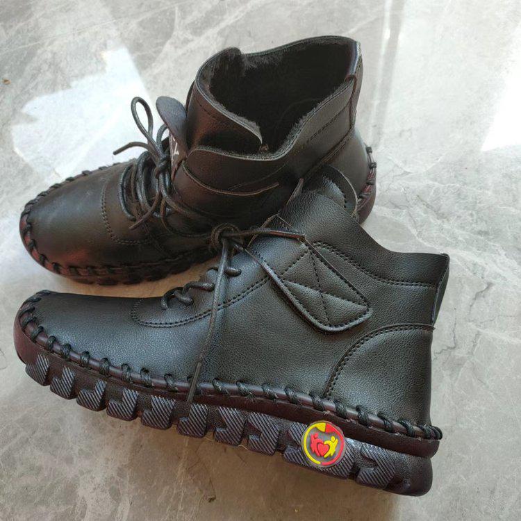 Women's Large Cotton Hand-Stitched Plush Warm Short Boots with Thick Cowhide Soles - Soft and Comfortable.