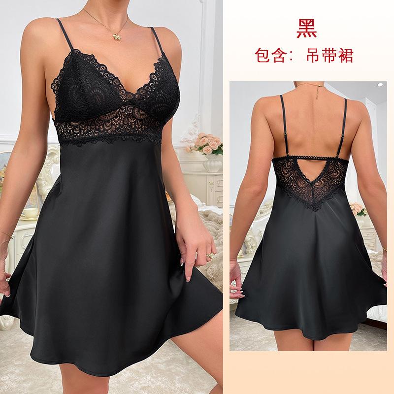 Multi-Style Pure Desire Lace Nightgown V Mesh Patchwork Satin Skin-Friendly Cami Loungewear Versatile Seductive Sleepwear with Diverse Style Options