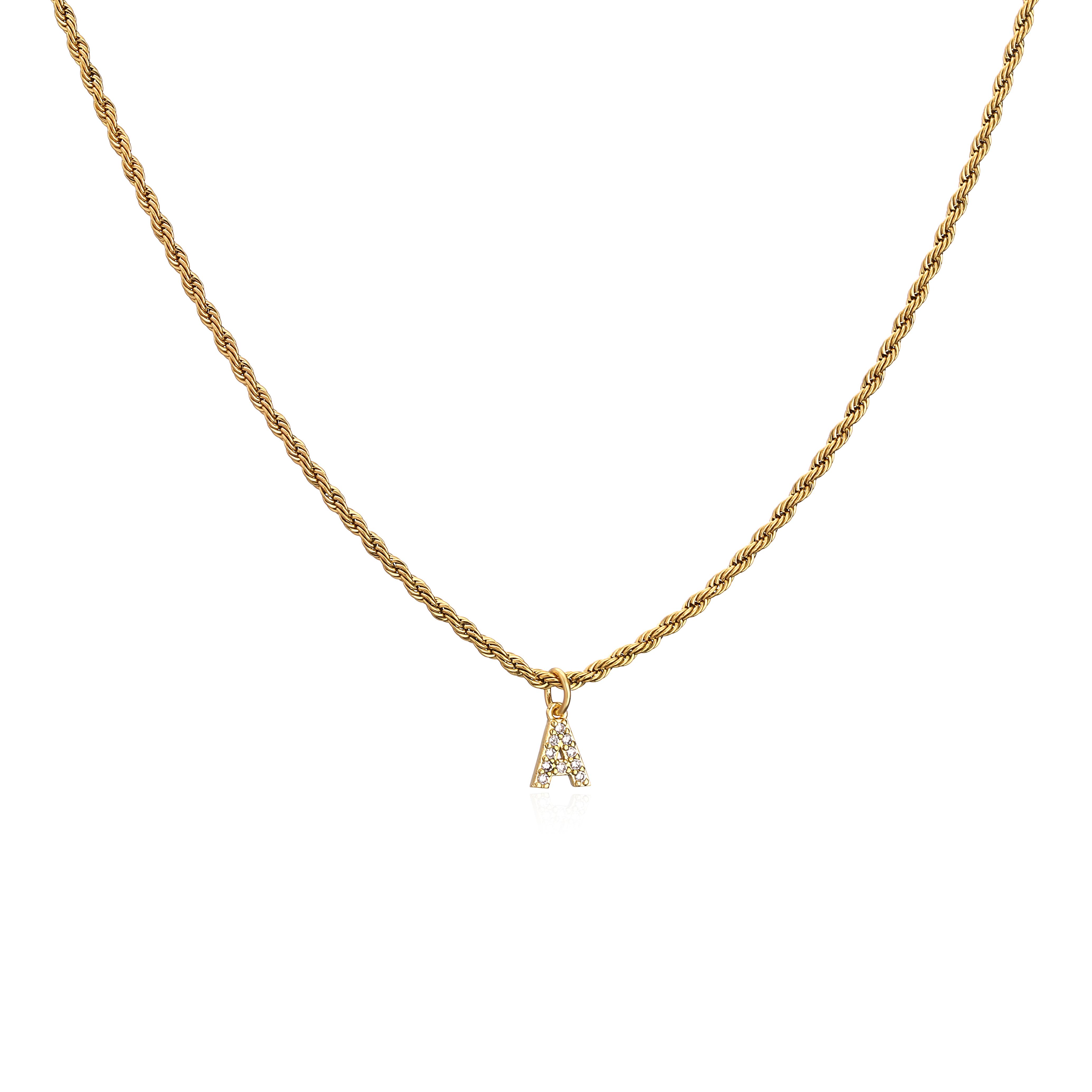 18K Gold Plated Brass Personalized 26 Letters Pendant CZ Necklace Twist Chain Initial Alphabet Pendant Gift A&45cm золотой