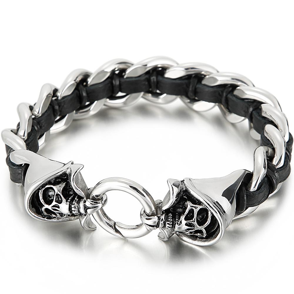 Cool Men's Braided Genuine Leather Skull Bracelet for Men Gothic Cast 316l Stainless Steel Wristband Punk Biker Bracelet Jewelry