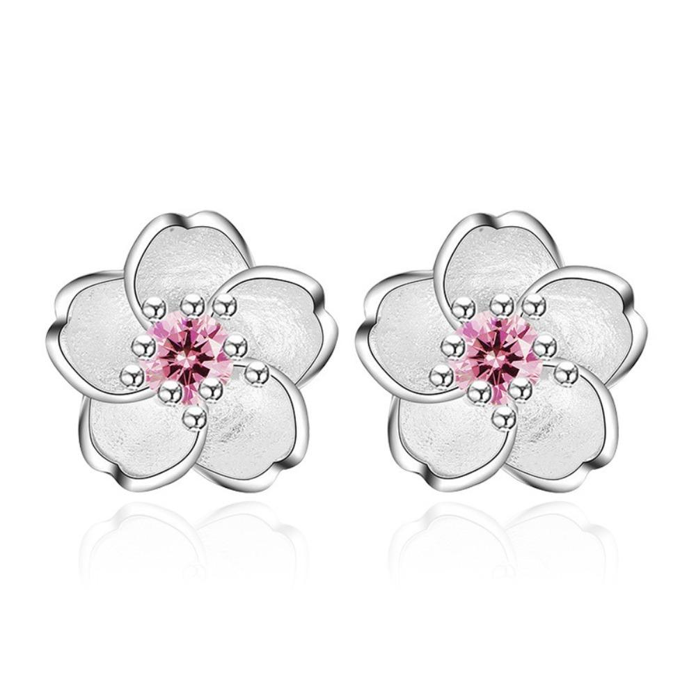 Exquisite Romantic Pink Purple Zircon Five-petaled Flower Piercing Stud Earrings for Women Fashion Cute Daily Jewelry Accessory