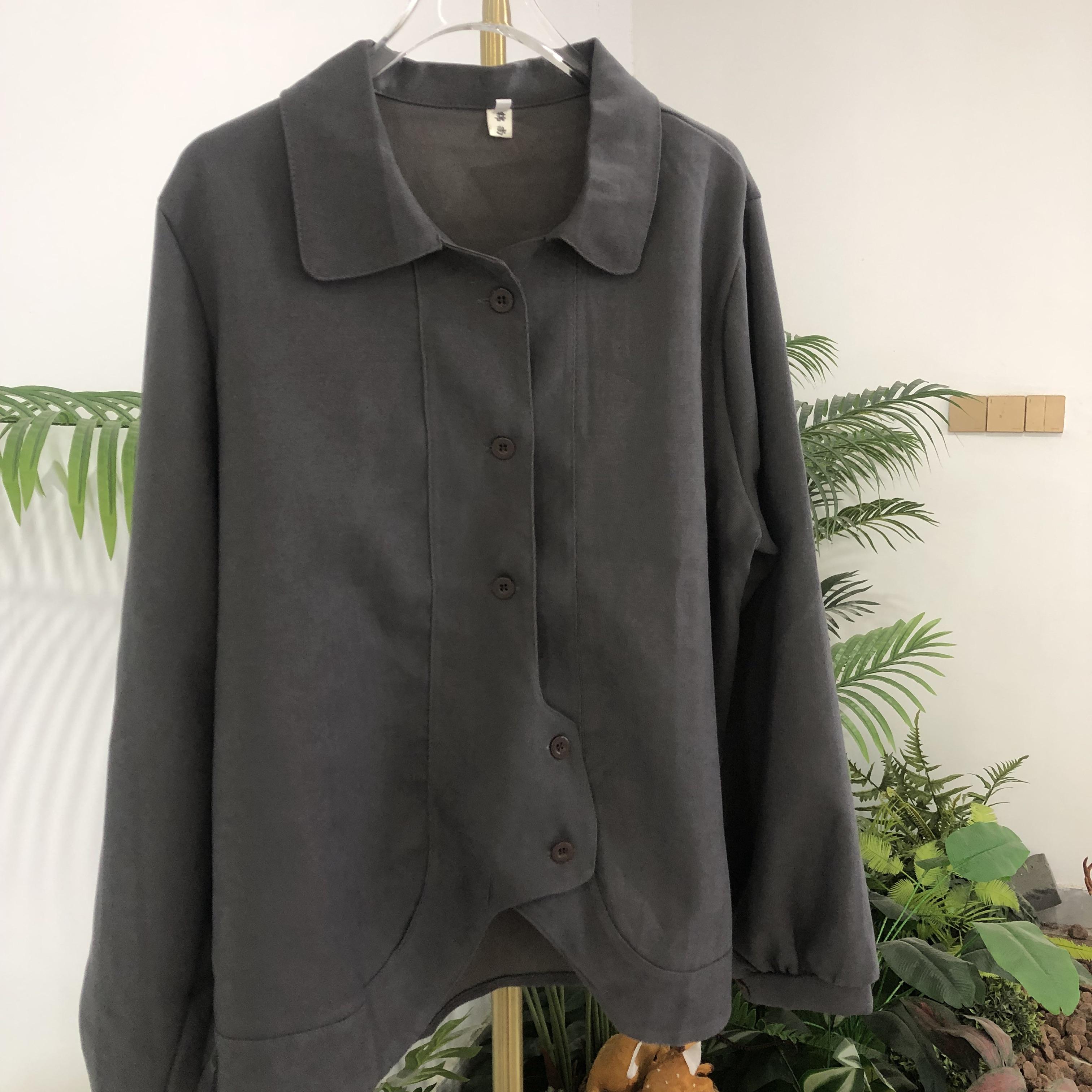 

Матовая свободная и обтягивающая рубашка в японском стиле, женская ранняя осень, кардиган с воротником поло и длинными рукавами, блузка L синий