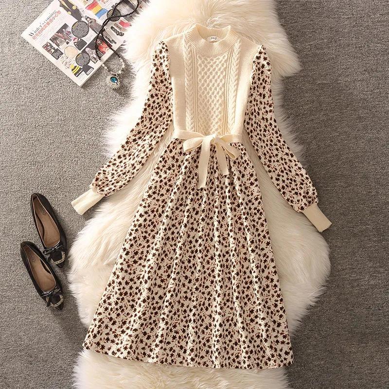 

Осеннее новое лоскутное вельветовое платье с круглым вырезом, элегантное женское трикотажное платье с цветочным принтом, женское платье миди с рукавами-фонариками и поясом с бантом S бежевый