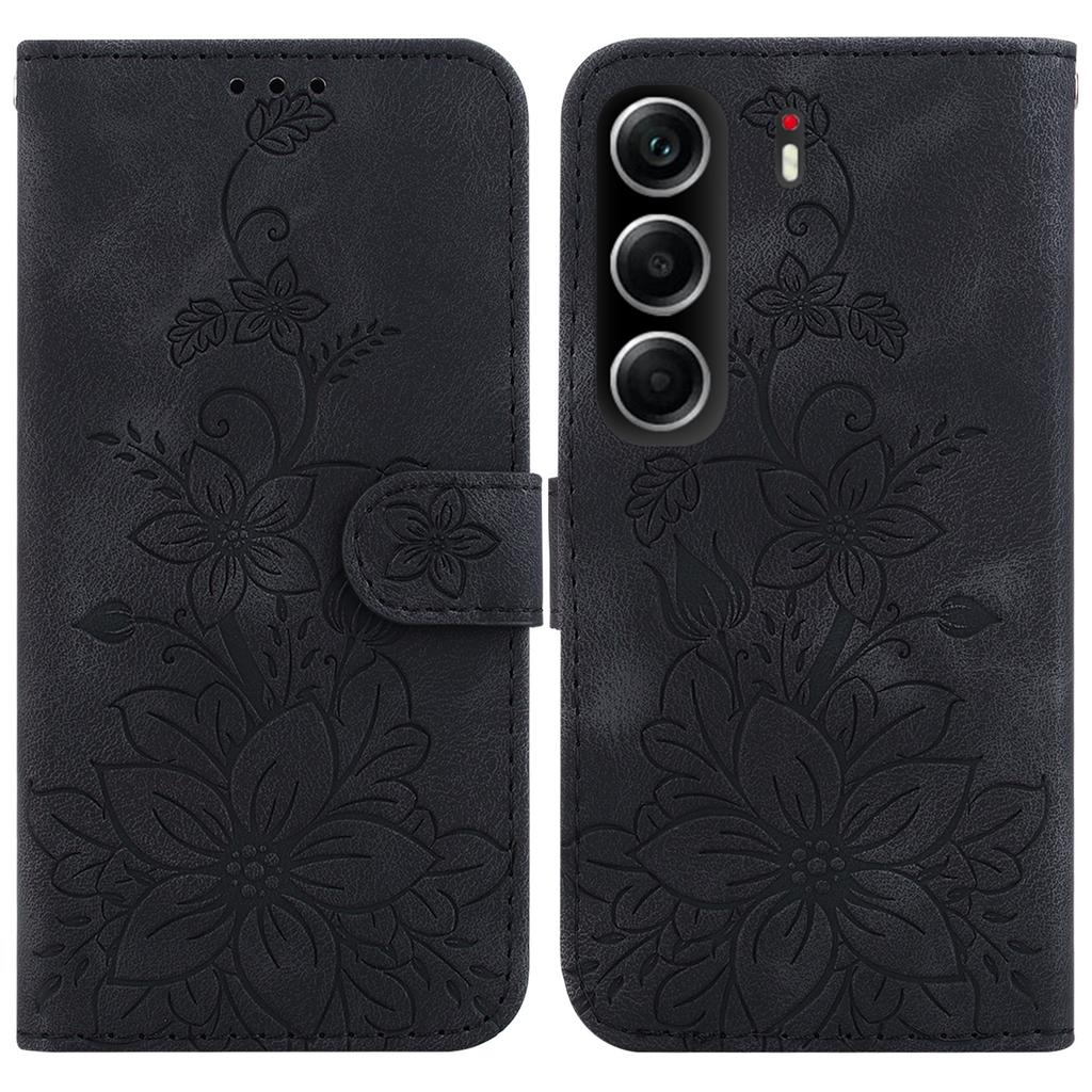 For TECNO Camon 40 4G Stand Case Lily Flower Imprint Leather Phone Cover with Wrist Strap